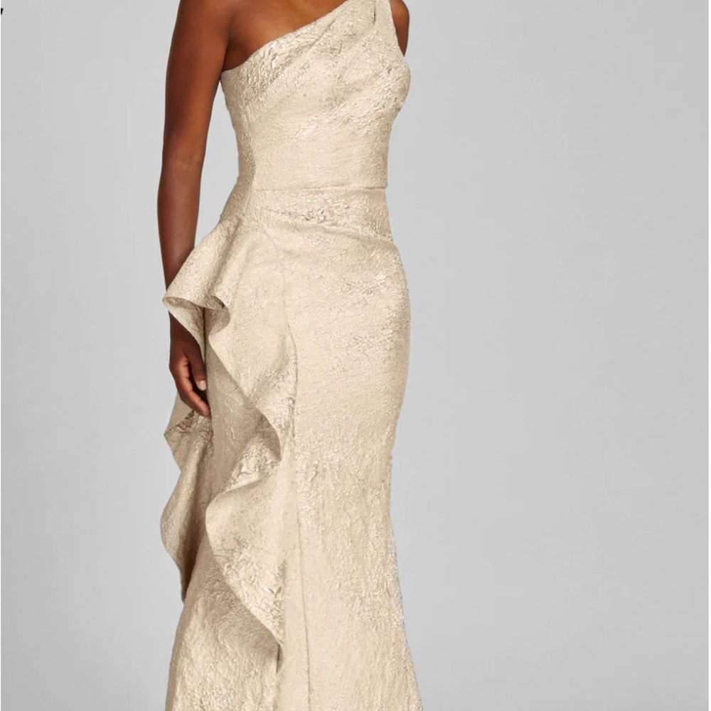 Teri Jon Jacquard One Shoulder Side Ruffle Gown, Size 4